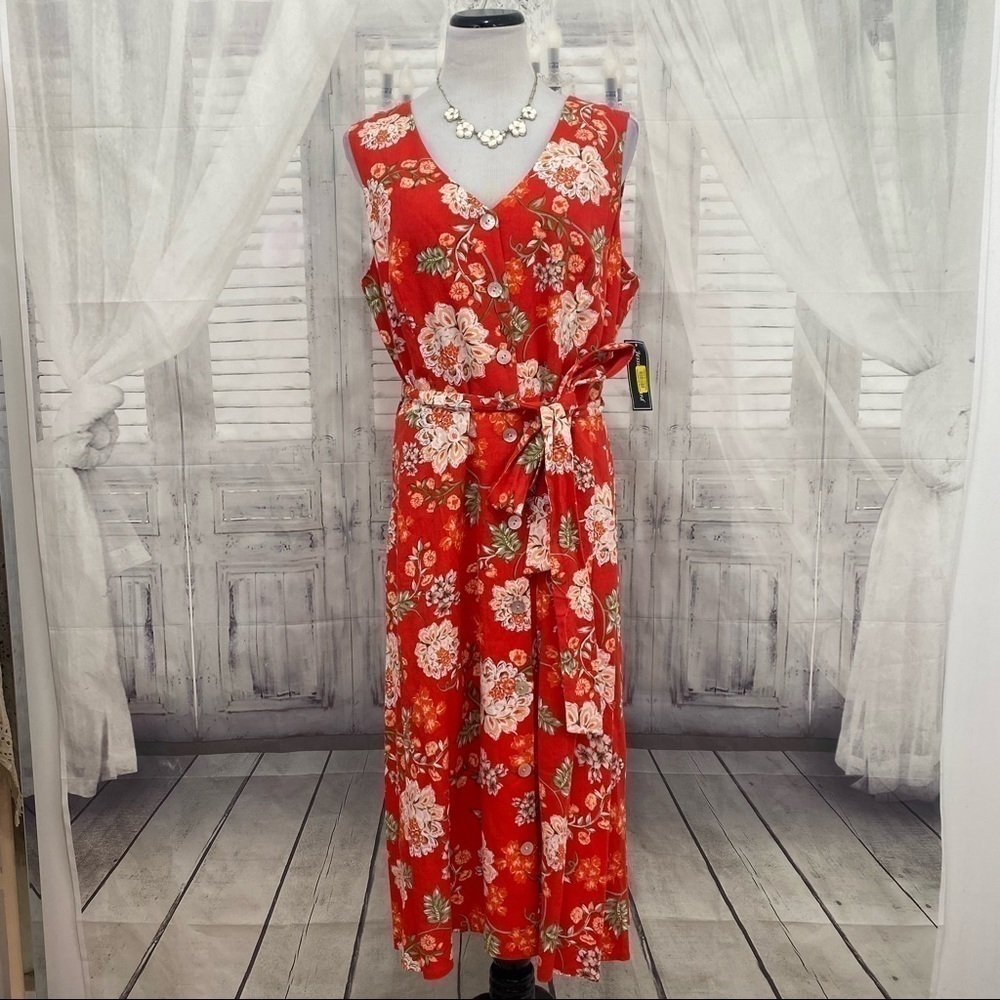 Jessica Howard Size 16 Red Belted Button Floral Sleeveless A-Line Dress Linen